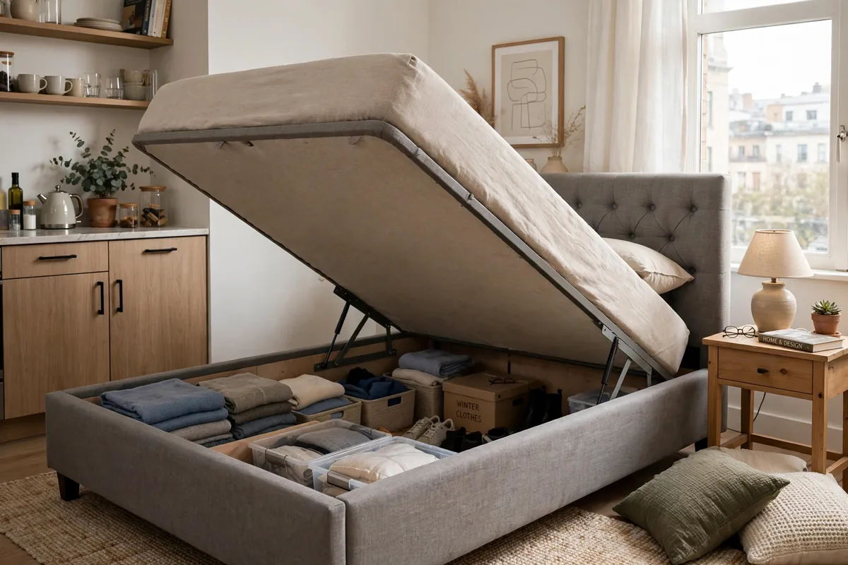 Ottoman lift-up storage bed revealing hidden compartment in a studio bedroom