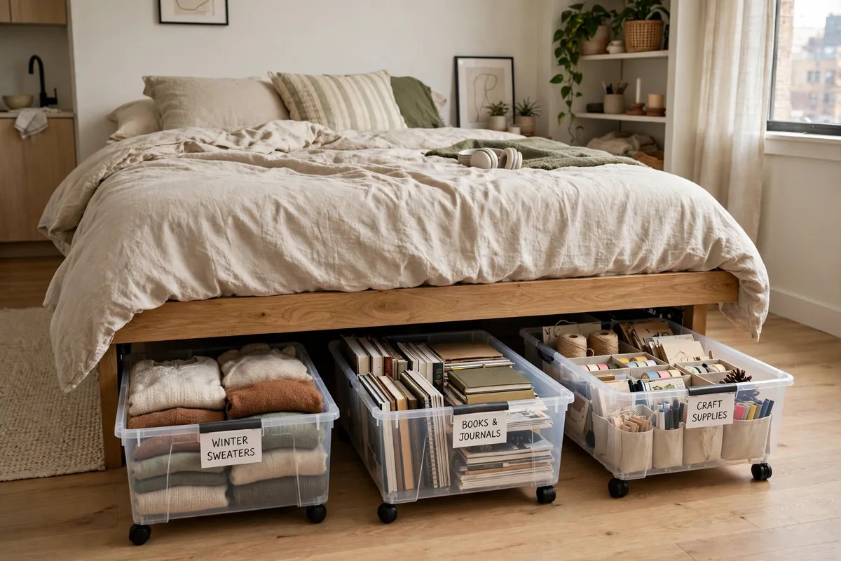 Rolling storage bins tucked under a bed in a small studio bedroom