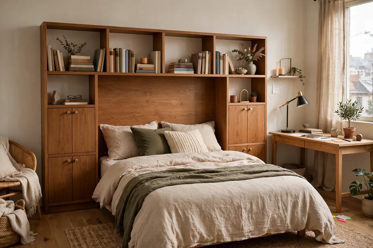 BRIMNES-style storage headboard with shelves beside a studio bed