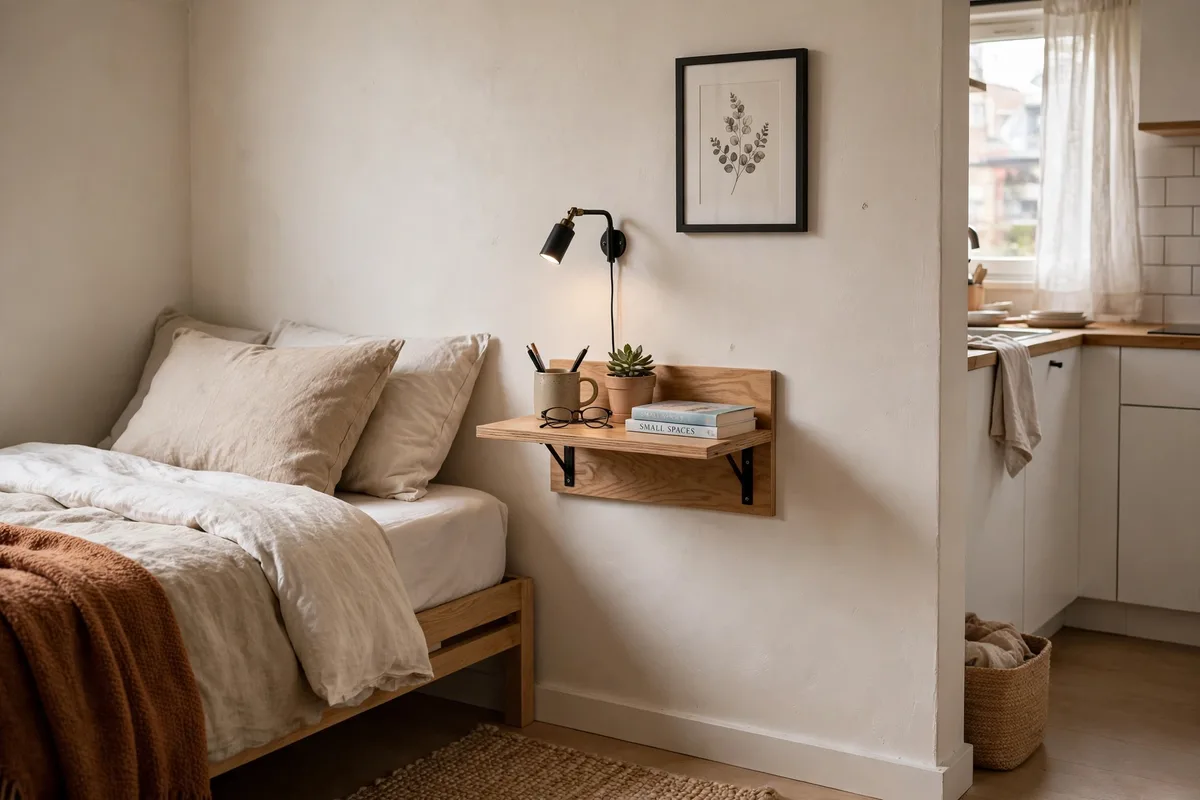 Wall-mounted nightstand shelf with zero floor footprint in a tiny bedroom