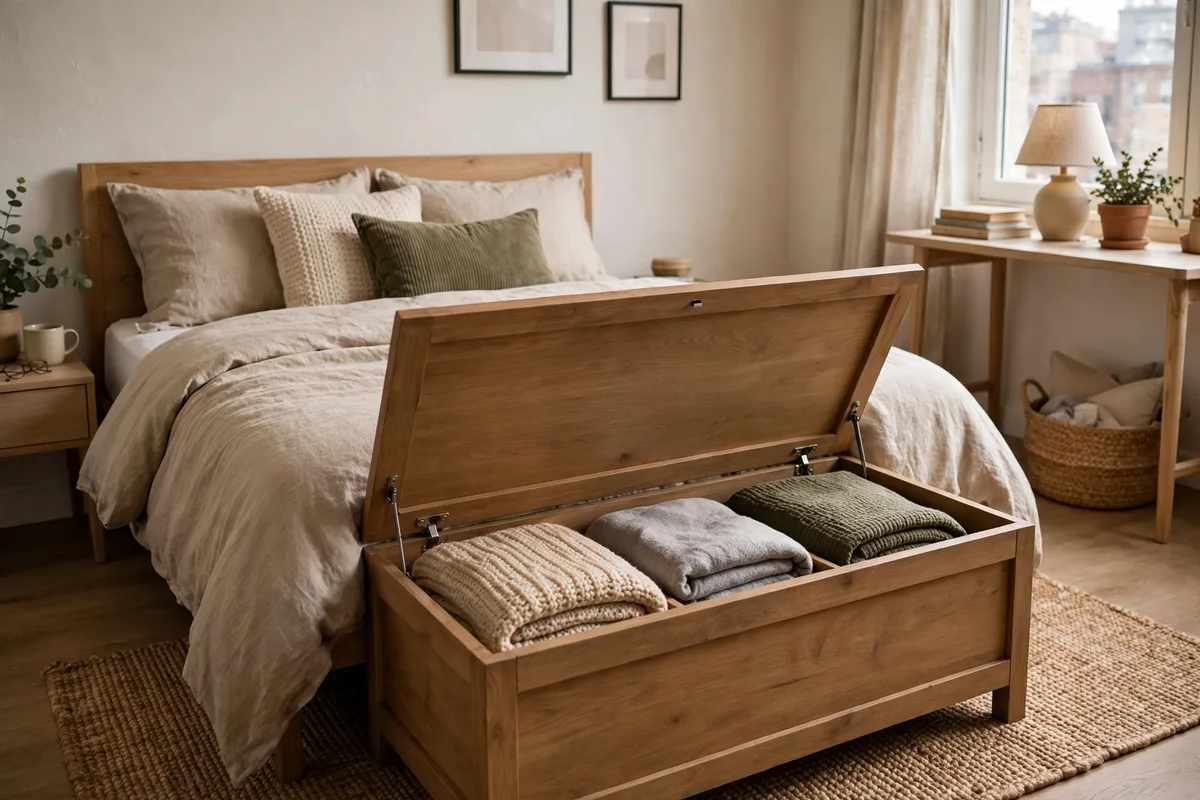 Storage bench at the foot of a bed in a small studio bedroom