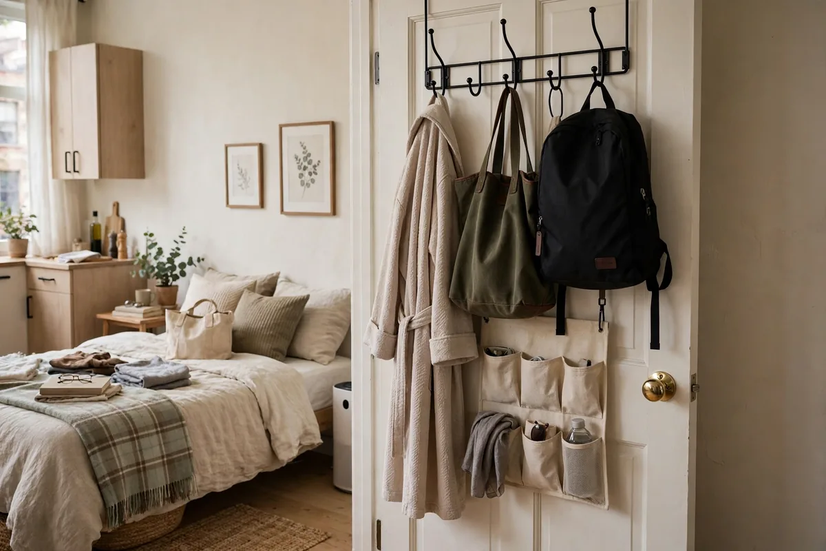 Over-the-door hooks holding robe and clothes near a studio bed