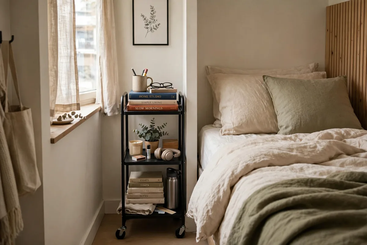 Slim rolling cart as a nightstand beside a bed in a studio