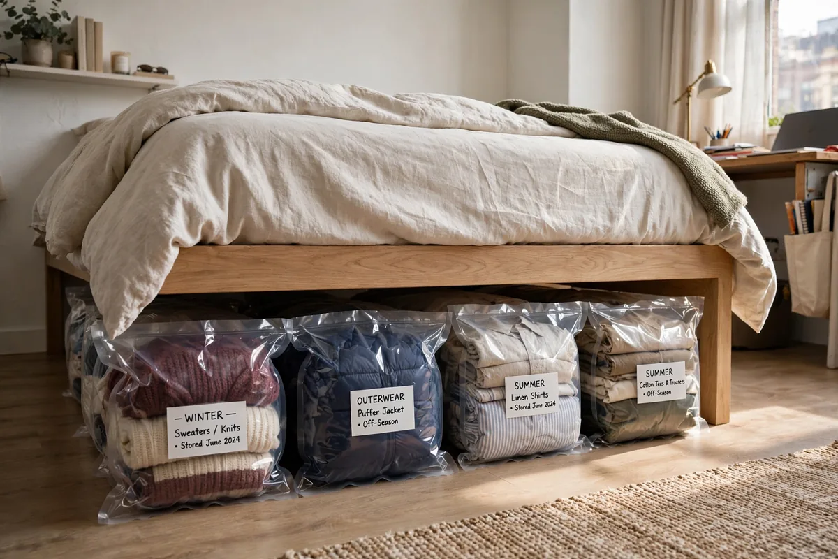 Vacuum-sealed bags storing off-season clothes under a studio bed