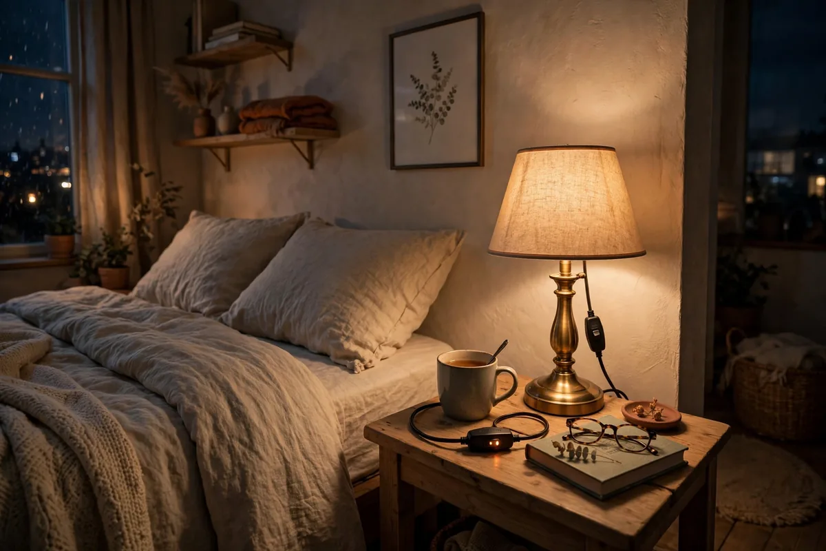 Dimmer switch on a warm bedside lamp in a cozy studio bedroom