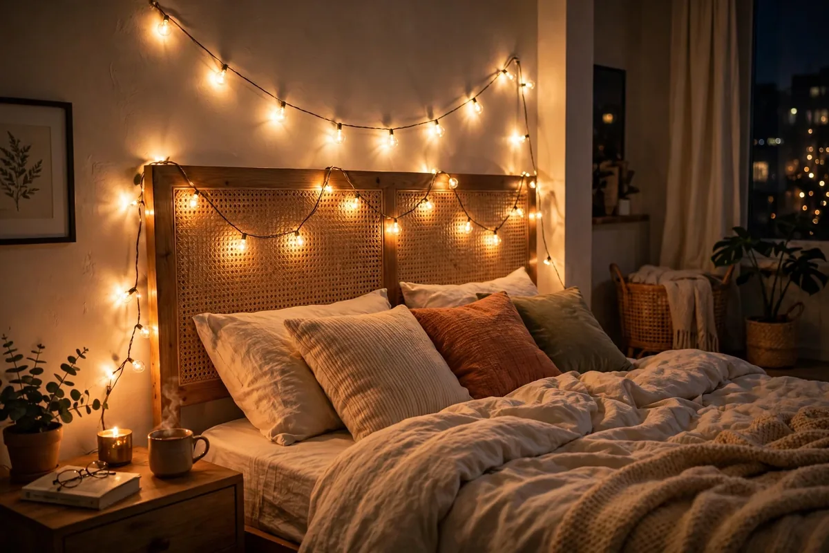 Warm string lights draped along a headboard in a studio bedroom