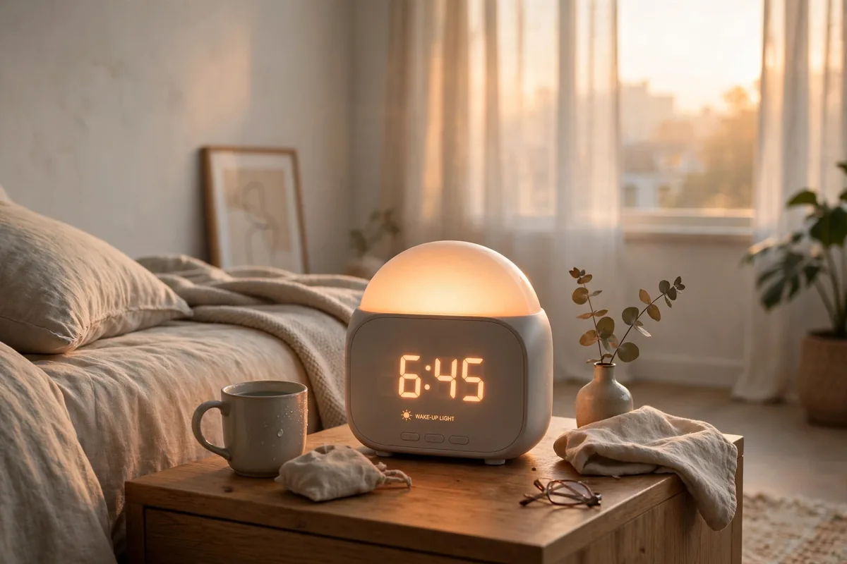Sunrise alarm clock glowing on a nightstand in a small studio bedroom
