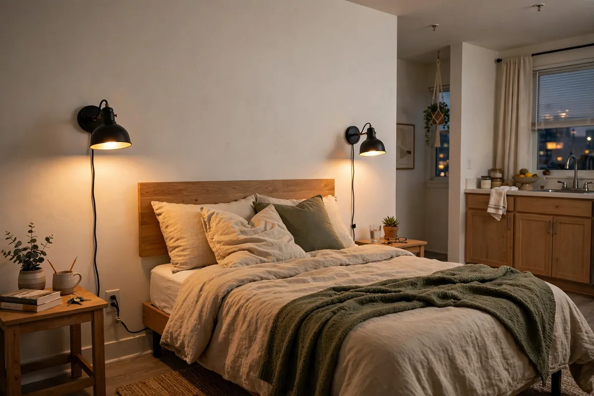 Plug-in wall sconces flanking a bed freeing nightstand space in a studio