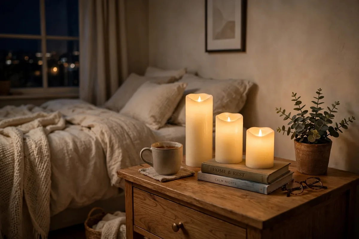 Flameless candles glowing on a nightstand in a cozy studio bedroom