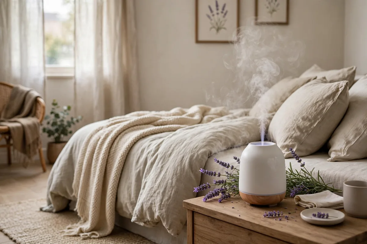 Reed diffuser with calming scent beside a bed in a studio bedroom