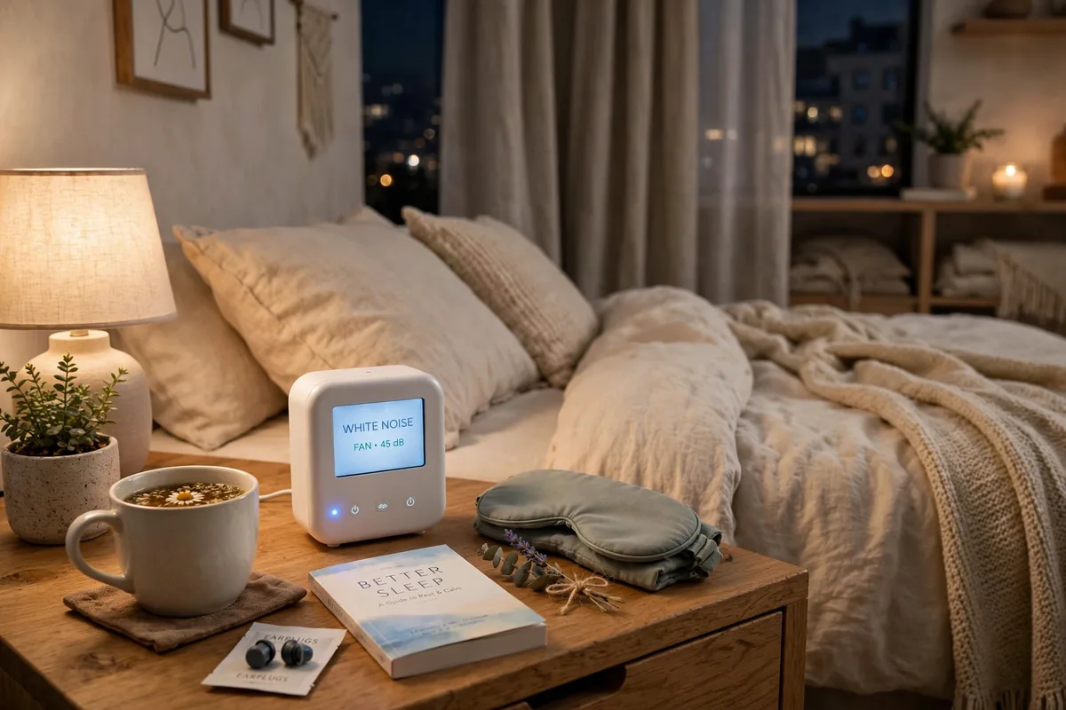 White noise machine on a nightstand in a small studio apartment bedroom