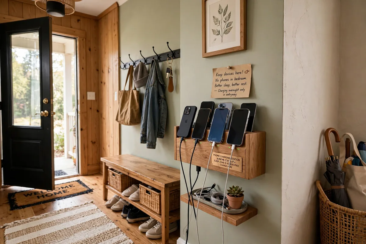 Phone charging station by the apartment entry keeping screens out of the bedroom