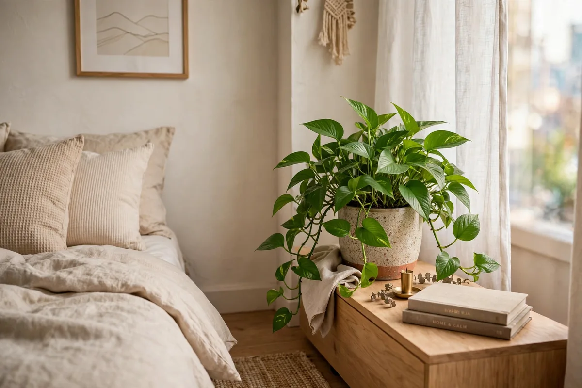 Snake plant on a nightstand bringing life to a small studio bedroom