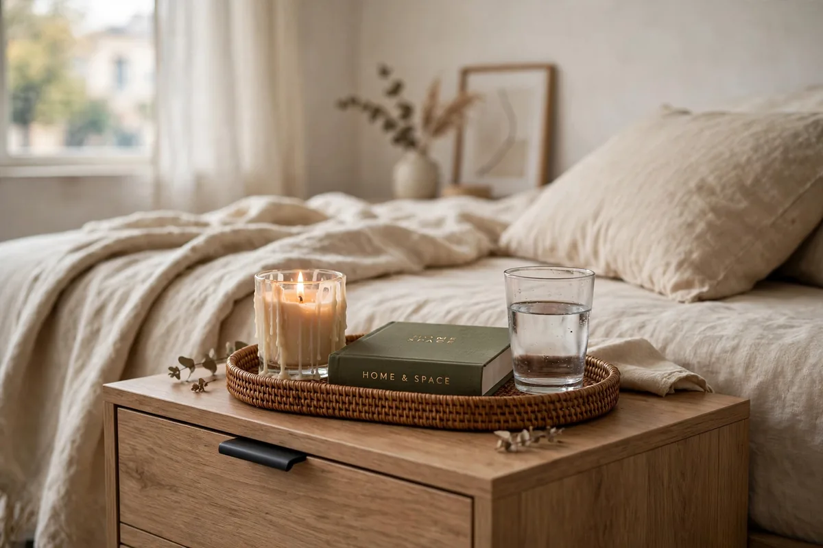 Styled bedside tray with book and water glass in a cozy studio bedroom