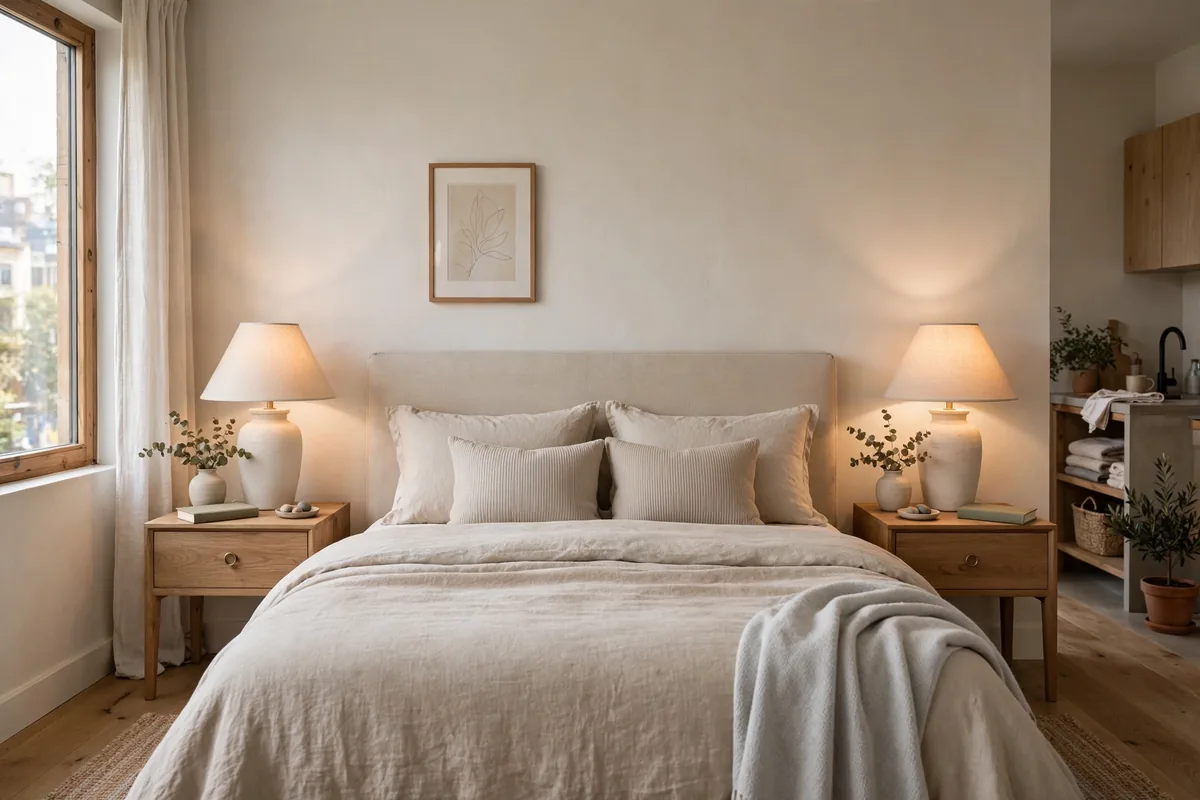 Matching nightstands with symmetrical lamps framing a bed in a studio