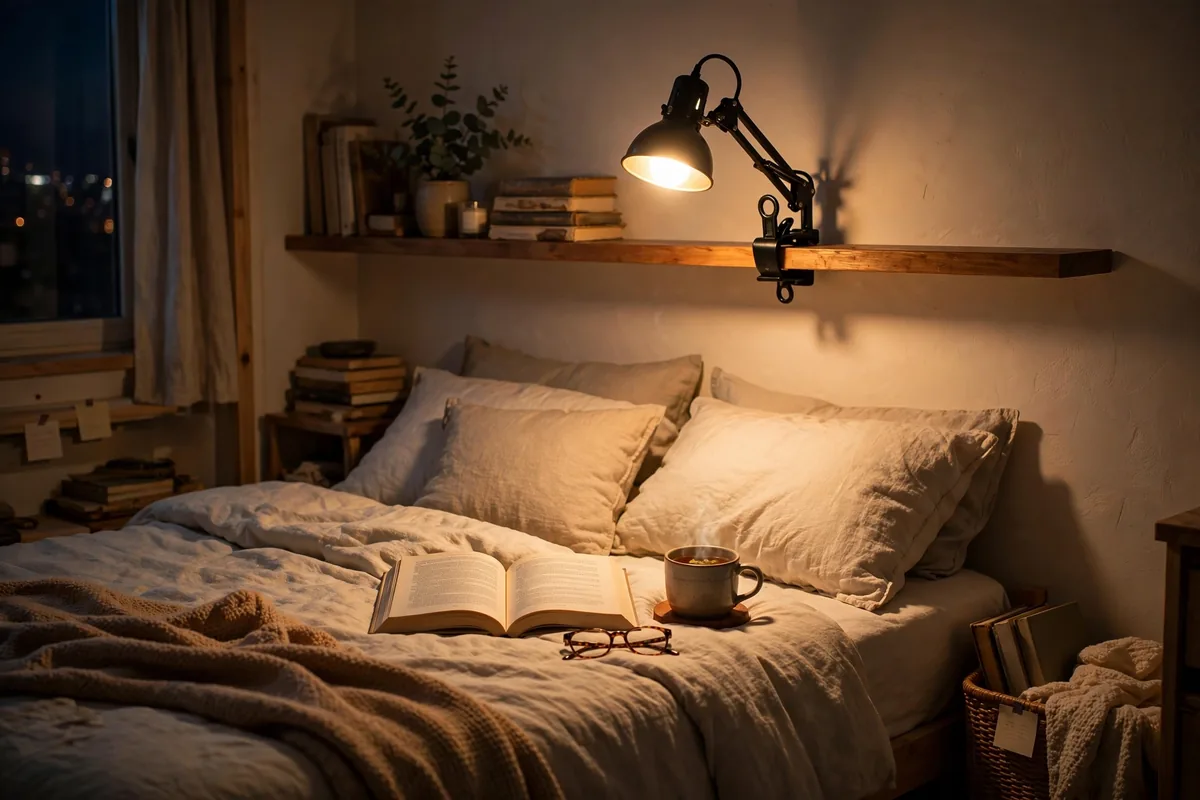 Warm reading light for bedtime books in a small studio bedroom