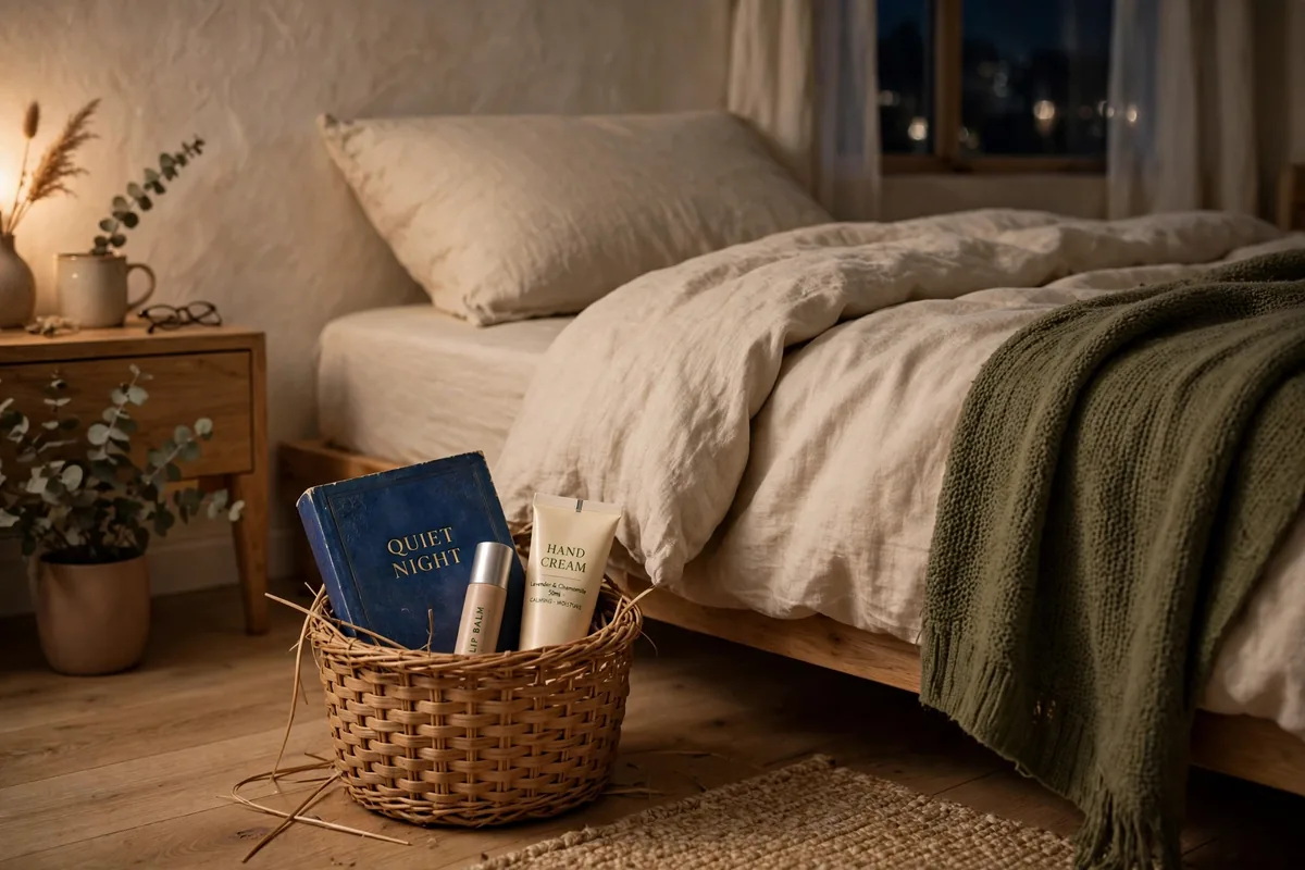 Woven sleep basket with nighttime essentials beside a studio bed