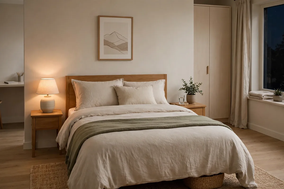 Tidied bed after a nightly reset routine in a cozy studio bedroom