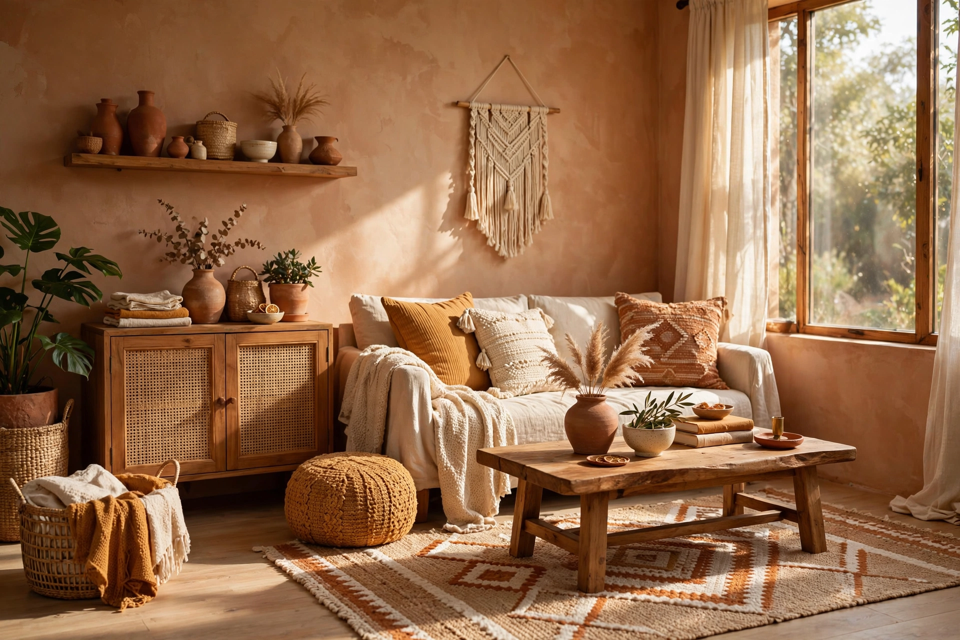Warm earthy boho studio apartment living area in terracotta ochre and cream tones