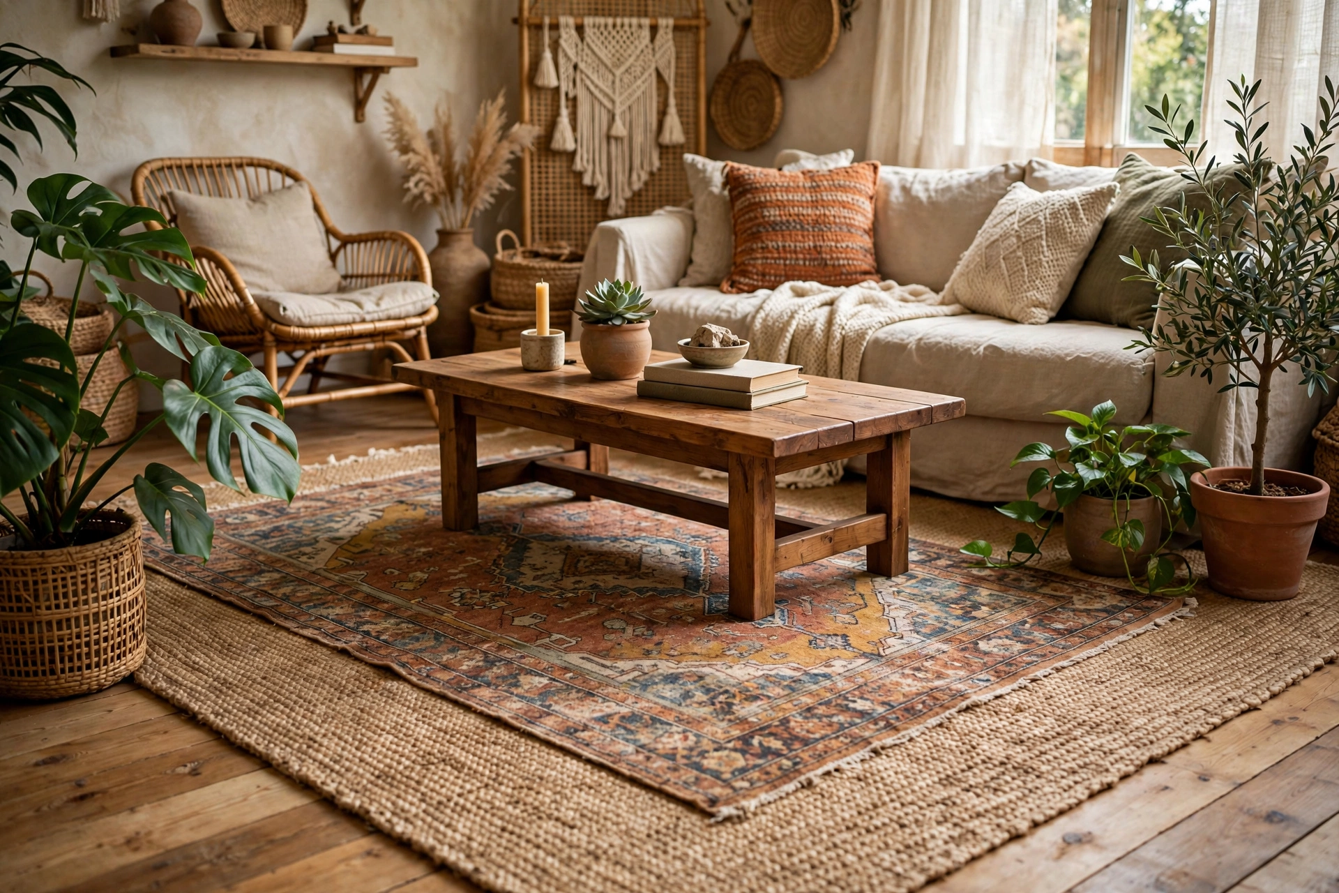 Vintage-style patterned rug layered over a natural jute rug in a boho studio apartment