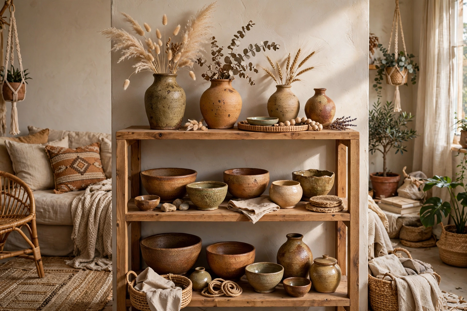 Open wooden shelf styled with handmade artisan ceramic vases in earthy glazes