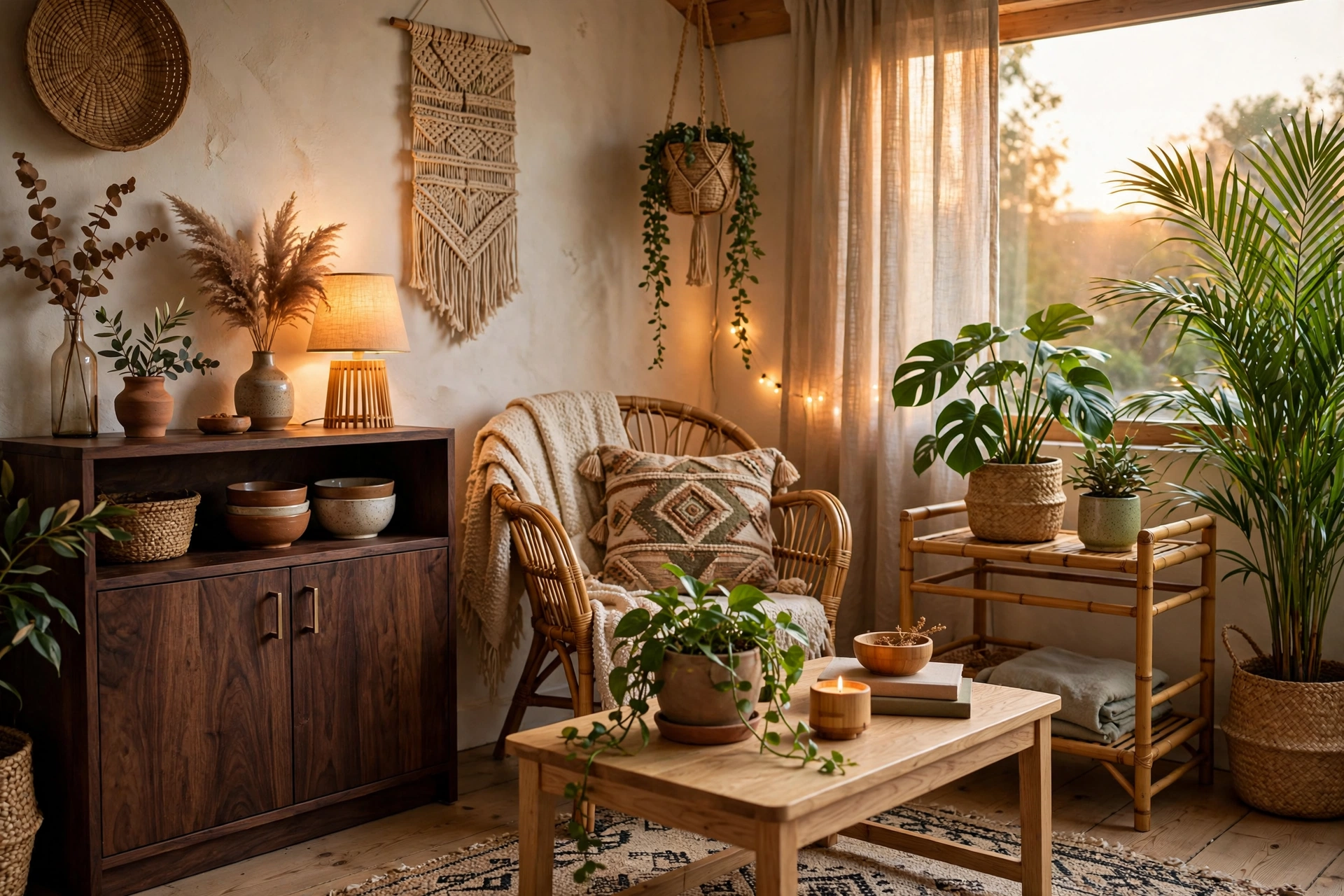 Boho studio living corner mixing light oak dark walnut and bamboo wood furniture