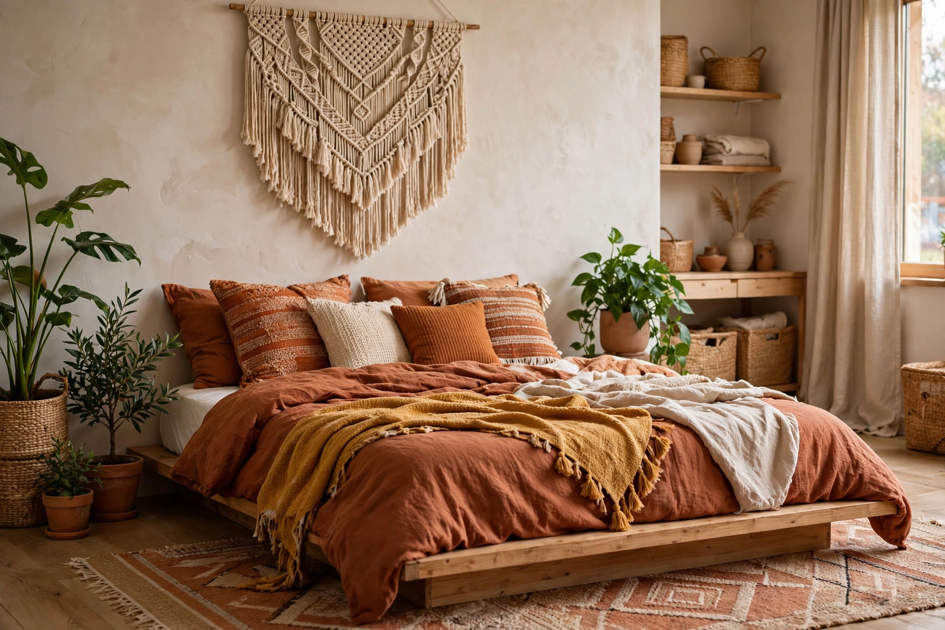 Low wooden platform bed with layered boho bedding and macrame wall hanging above