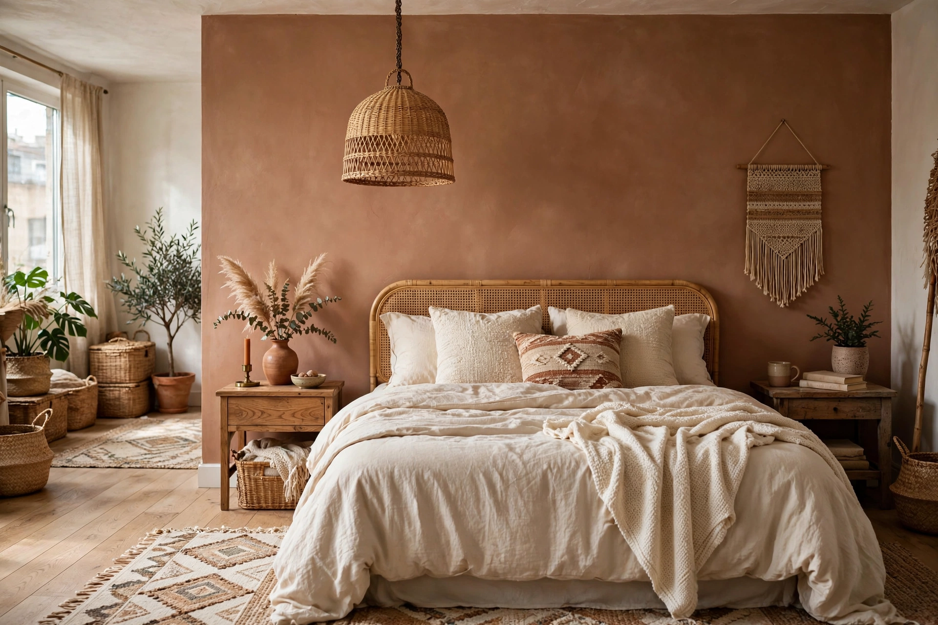 Studio apartment bedroom with warm clay accent wall behind bed and cream bedding