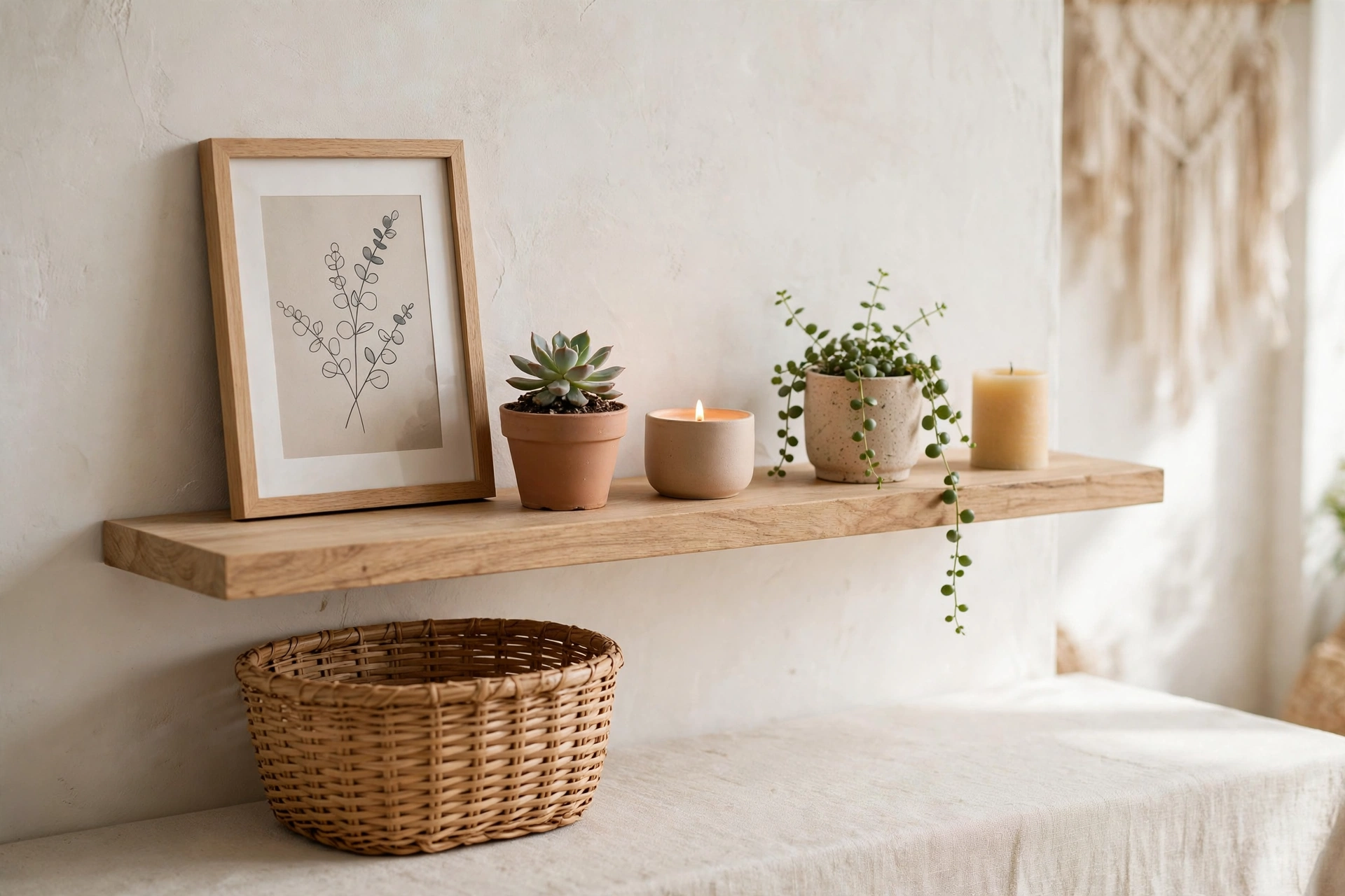 Curated boho floating shelf with small plants candles and art styled not cluttered