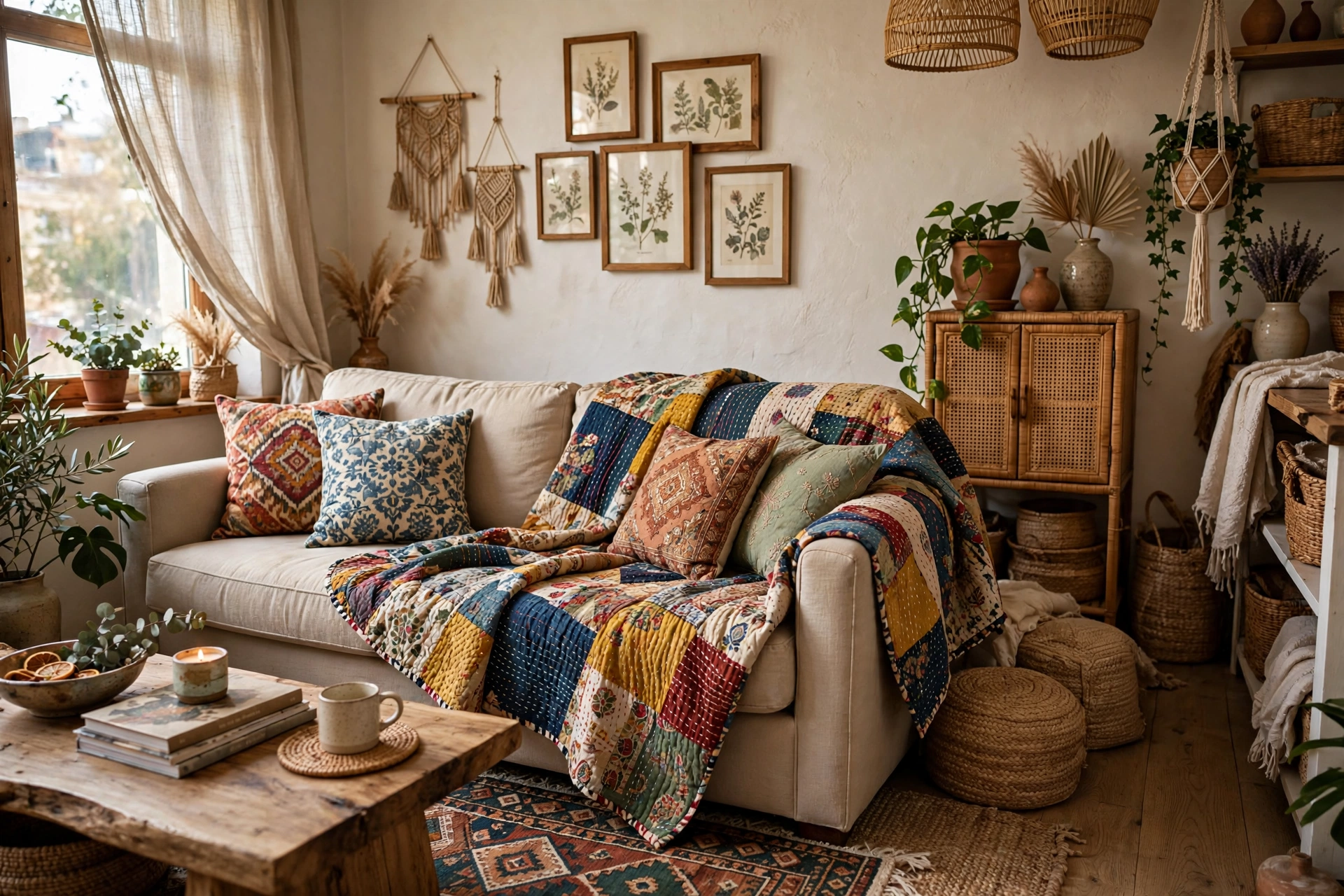 Sofa draped with a colorful kantha quilt throw in a boho studio apartment living area