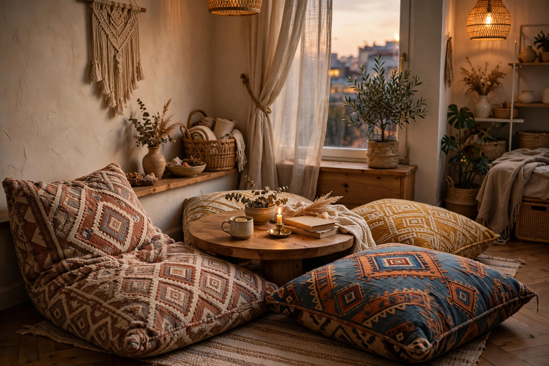 Cozy boho corner with large patterned floor cushions for low lounging in a studio