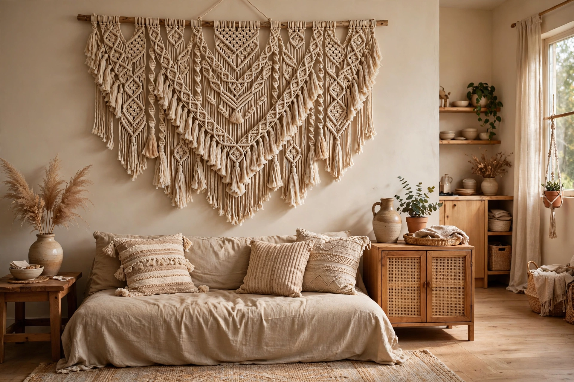 Large handmade macrame wall hanging above a boho sofa in warm neutral tones