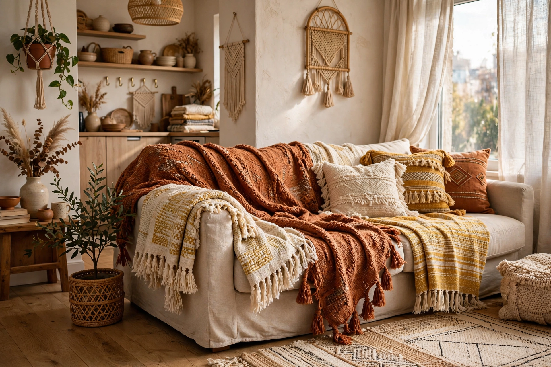 Boho sofa layered with mixed-weave throw blankets in rust cream and mustard