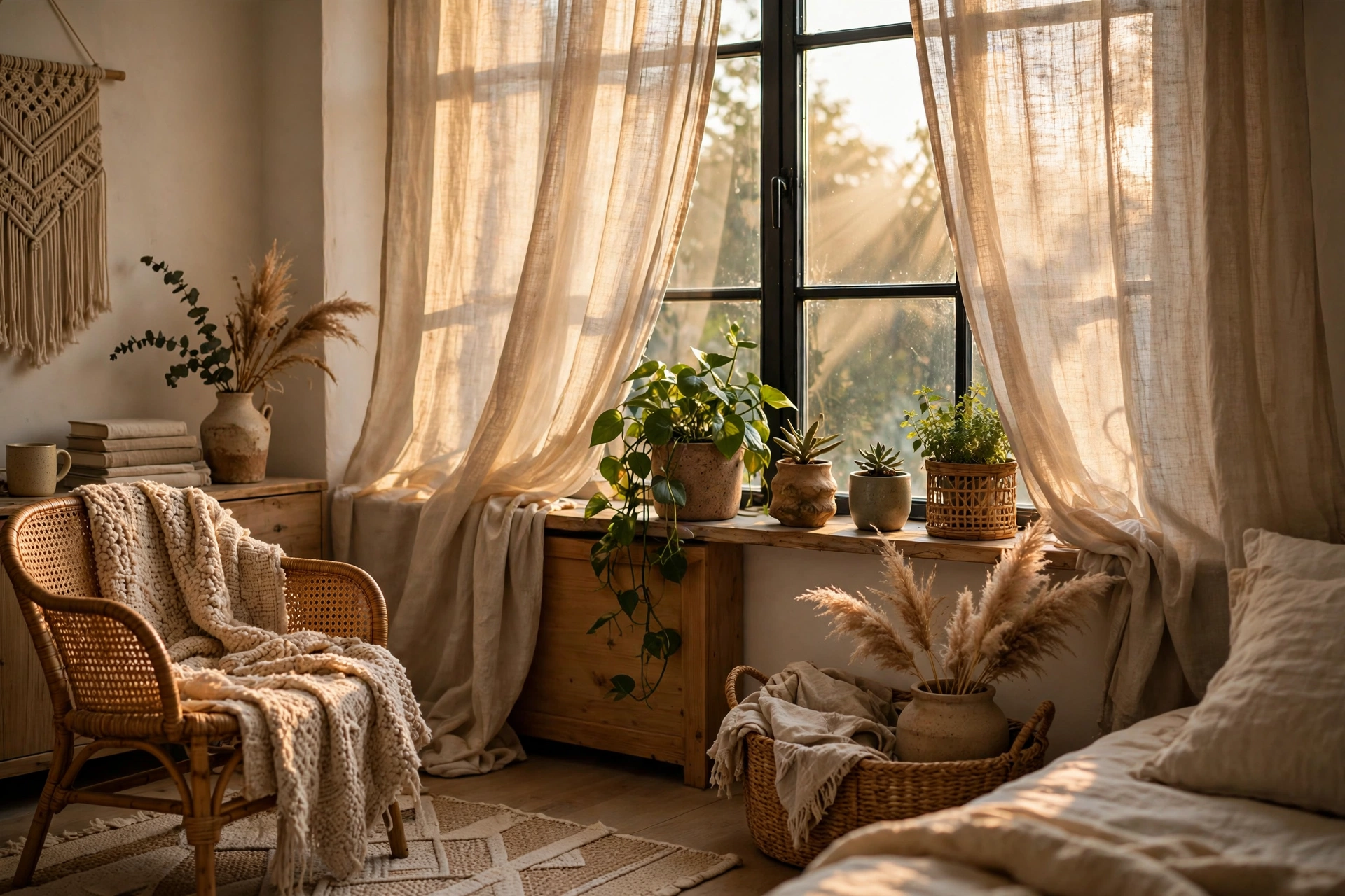 Airy natural linen curtains filtering sunlight in a boho studio apartment