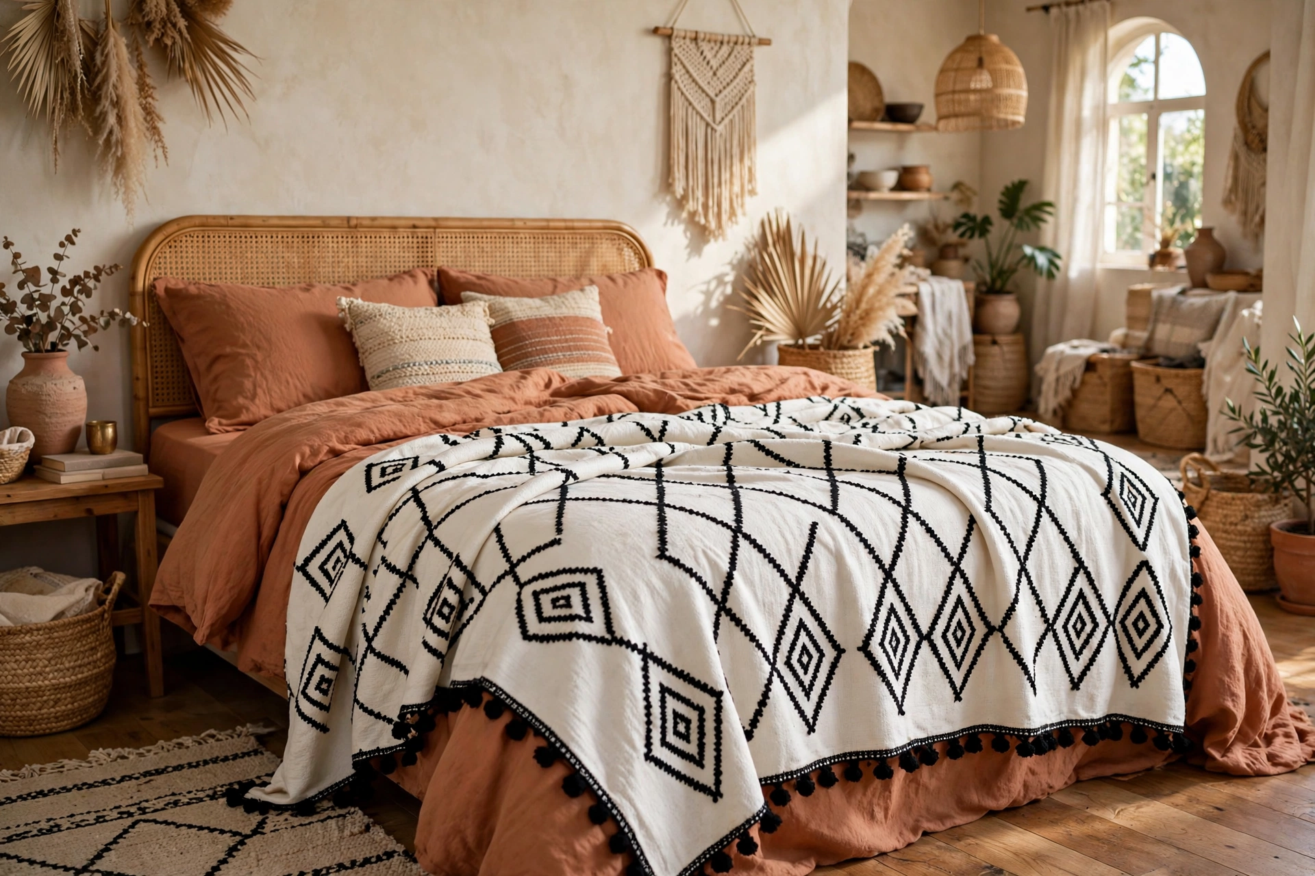 Bed styled with a white Moroccan wedding blanket over terracotta bedding