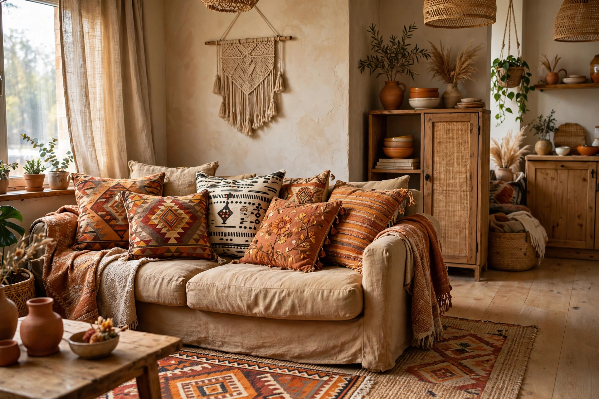 Boho sofa covered in mixed patterned throw pillows in kilim and mudcloth designs