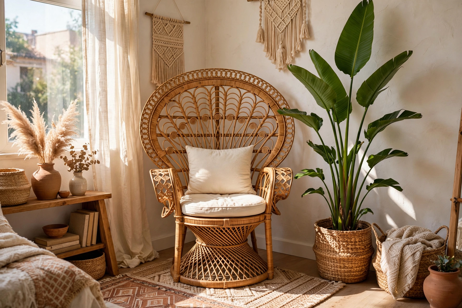 Rattan peacock accent chair with cream cushion in a sunlit boho studio corner