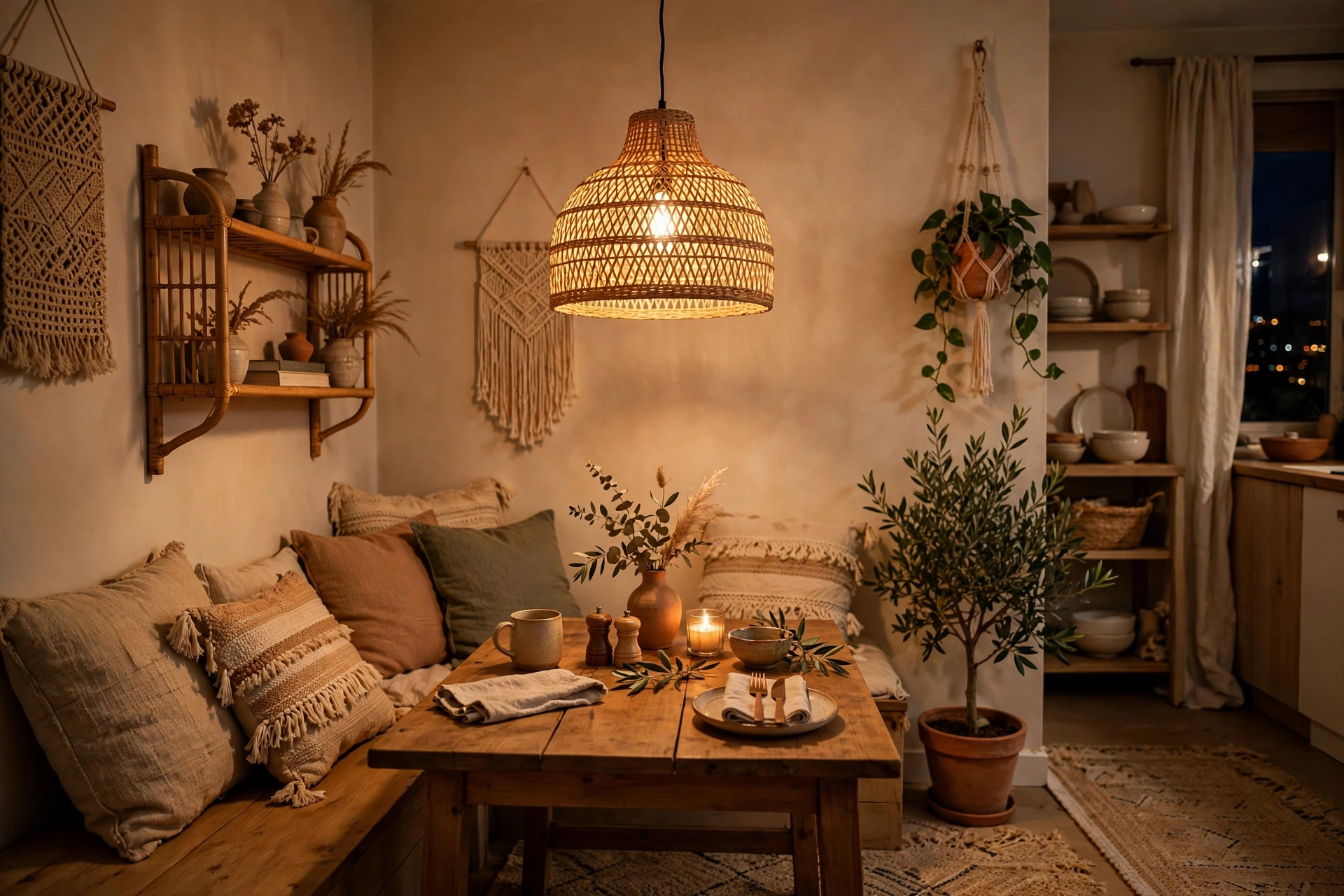 Woven rattan pendant light glowing over a dining nook in a boho studio apartment