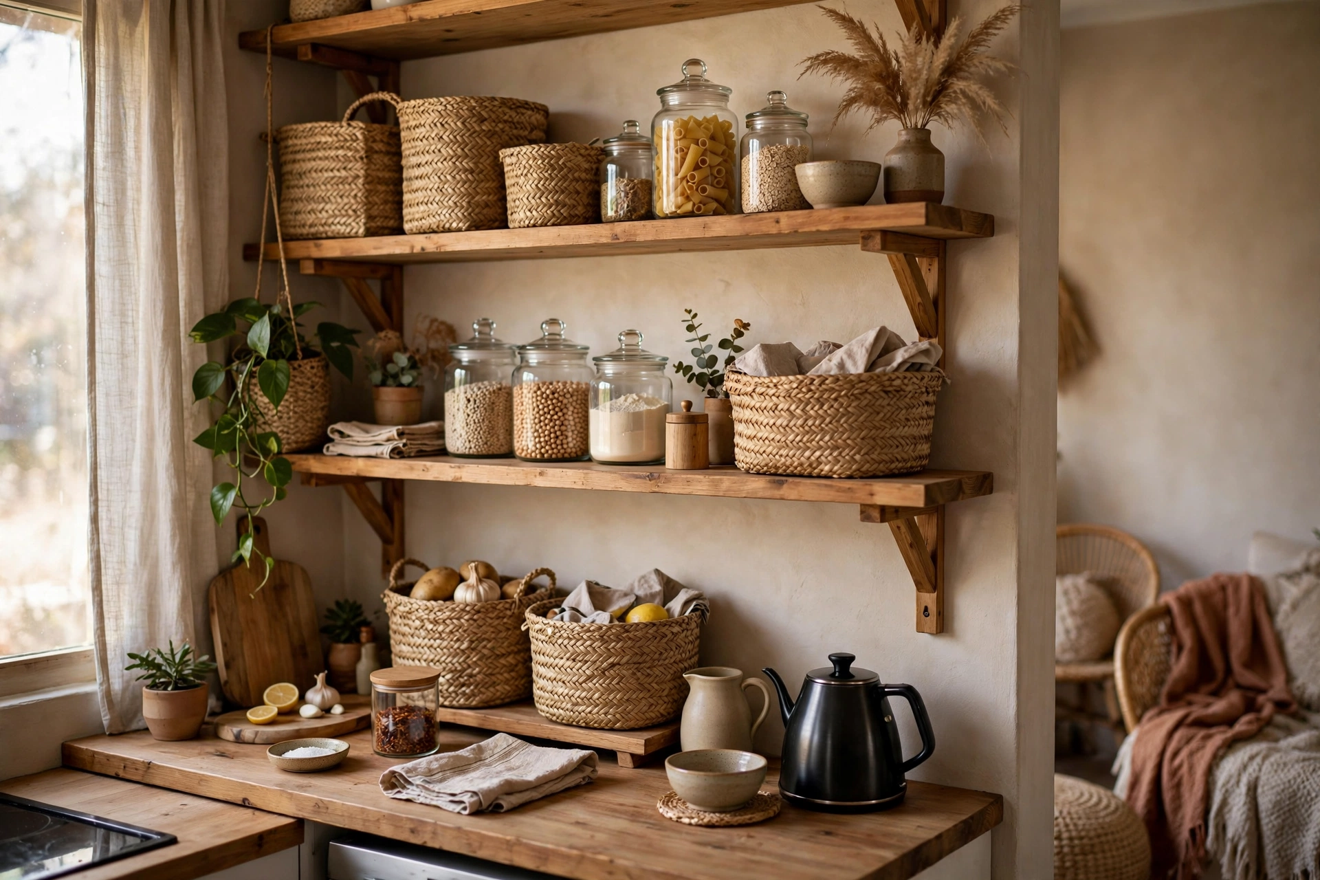 Open wooden shelves in a boho kitchen nook styled with seagrass storage baskets