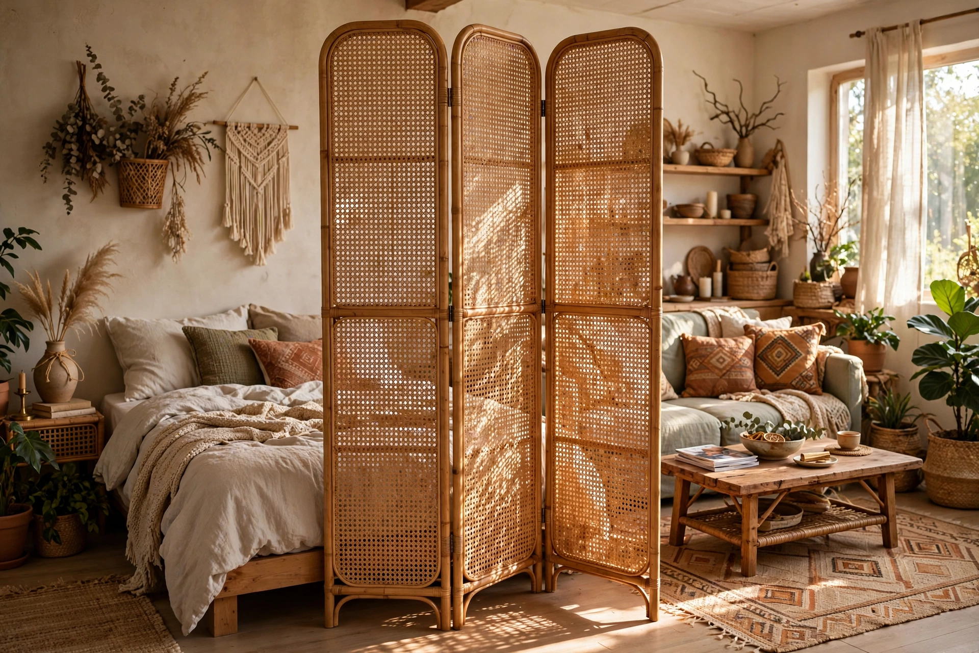 Rattan folding room divider screen separating sleeping and living zones in a boho studio
