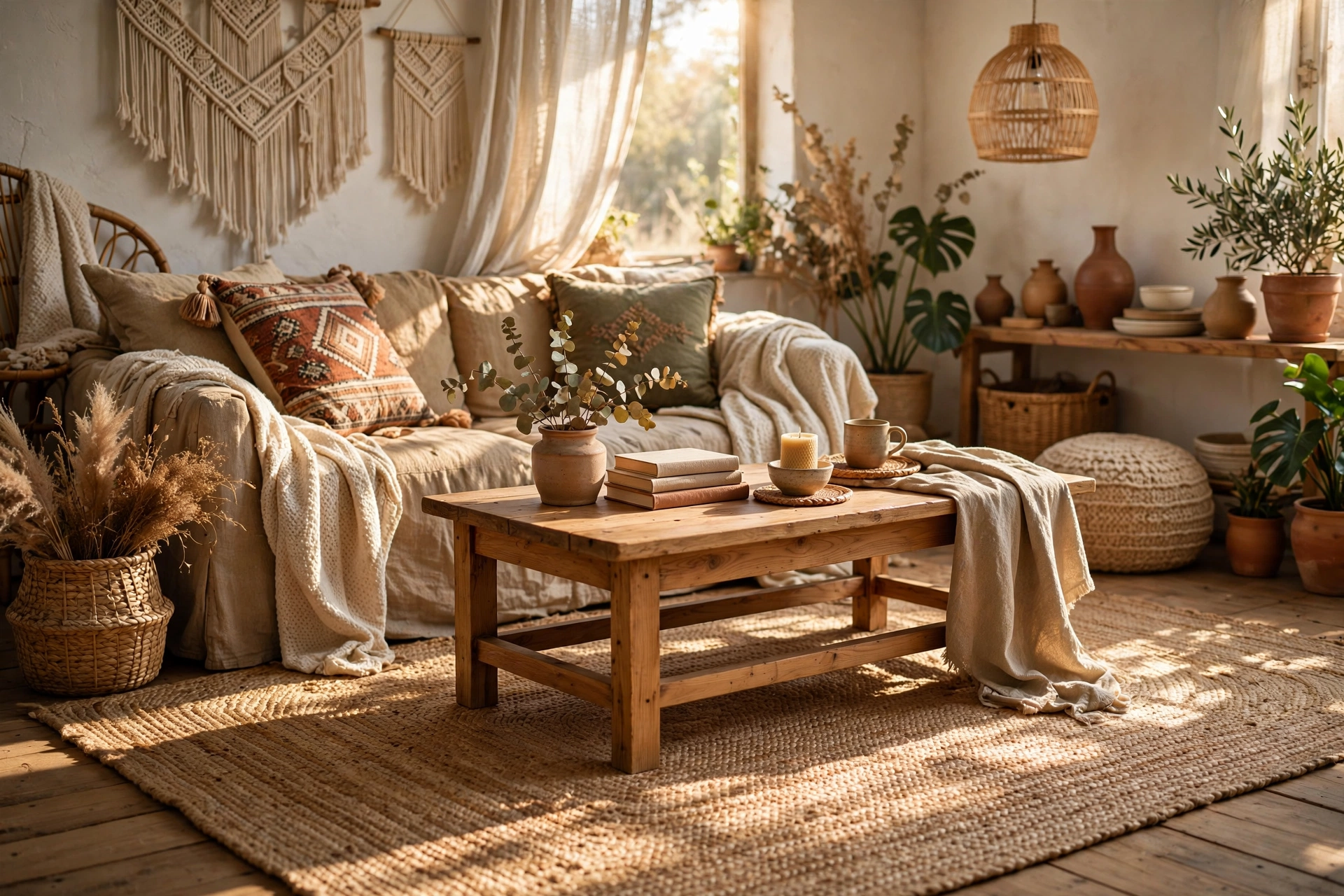 Natural jute area rug under a wooden coffee table in a boho studio living zone