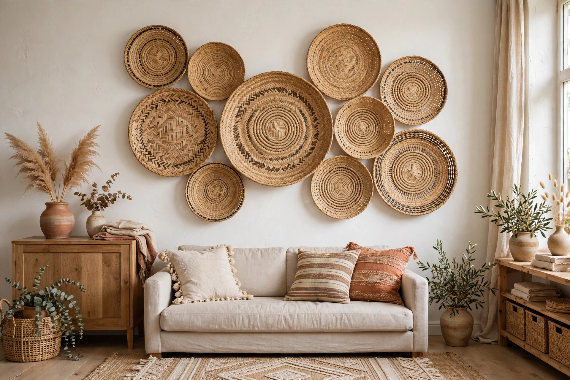 Wall art arrangement of flat woven seagrass baskets in different sizes on a white wall