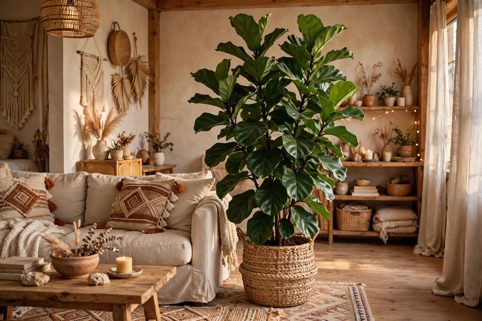 Large fiddle leaf fig tree in a woven basket planter in a boho studio living area