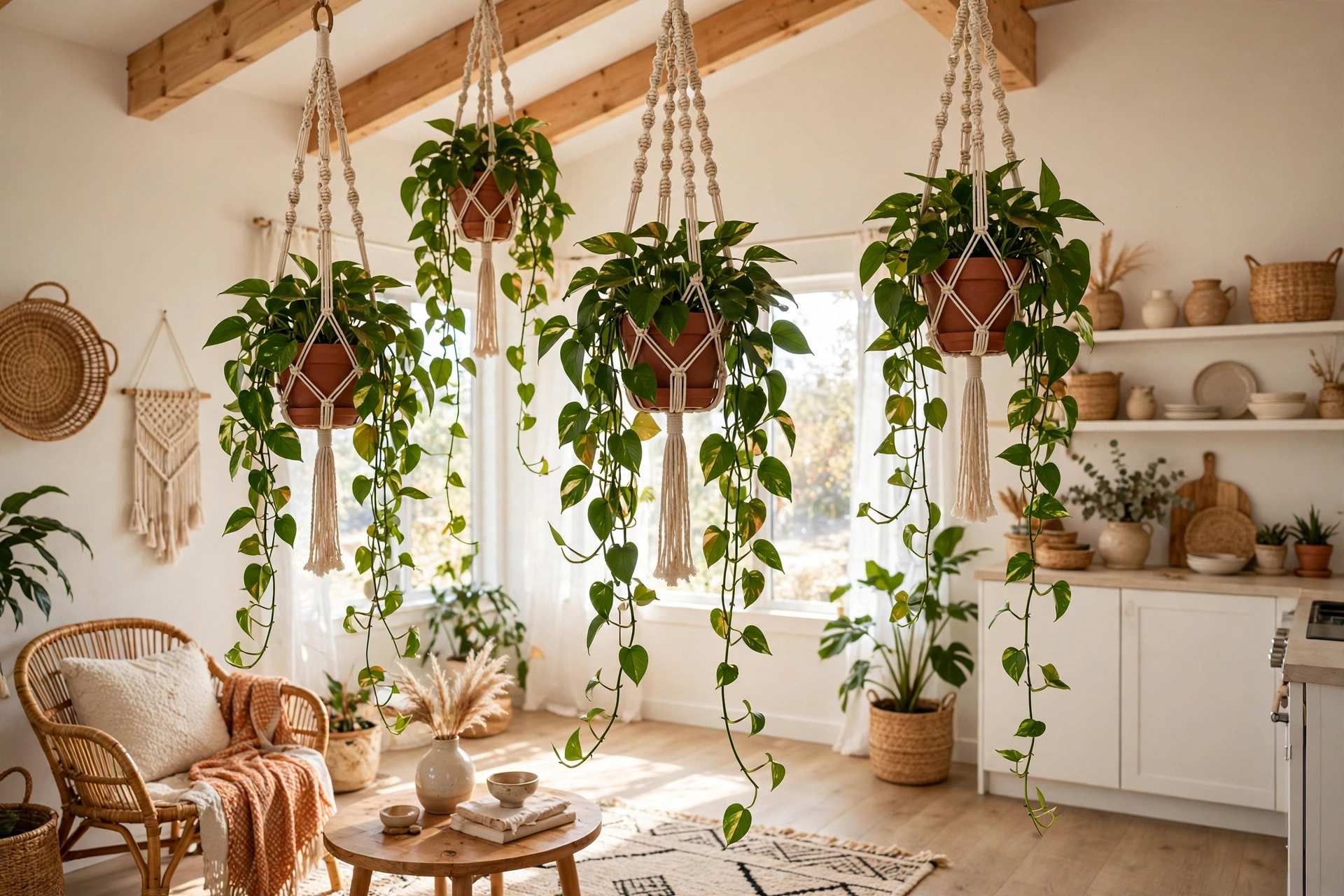 Trailing pothos plants in macrame hangers suspended from the ceiling in a bright boho studio