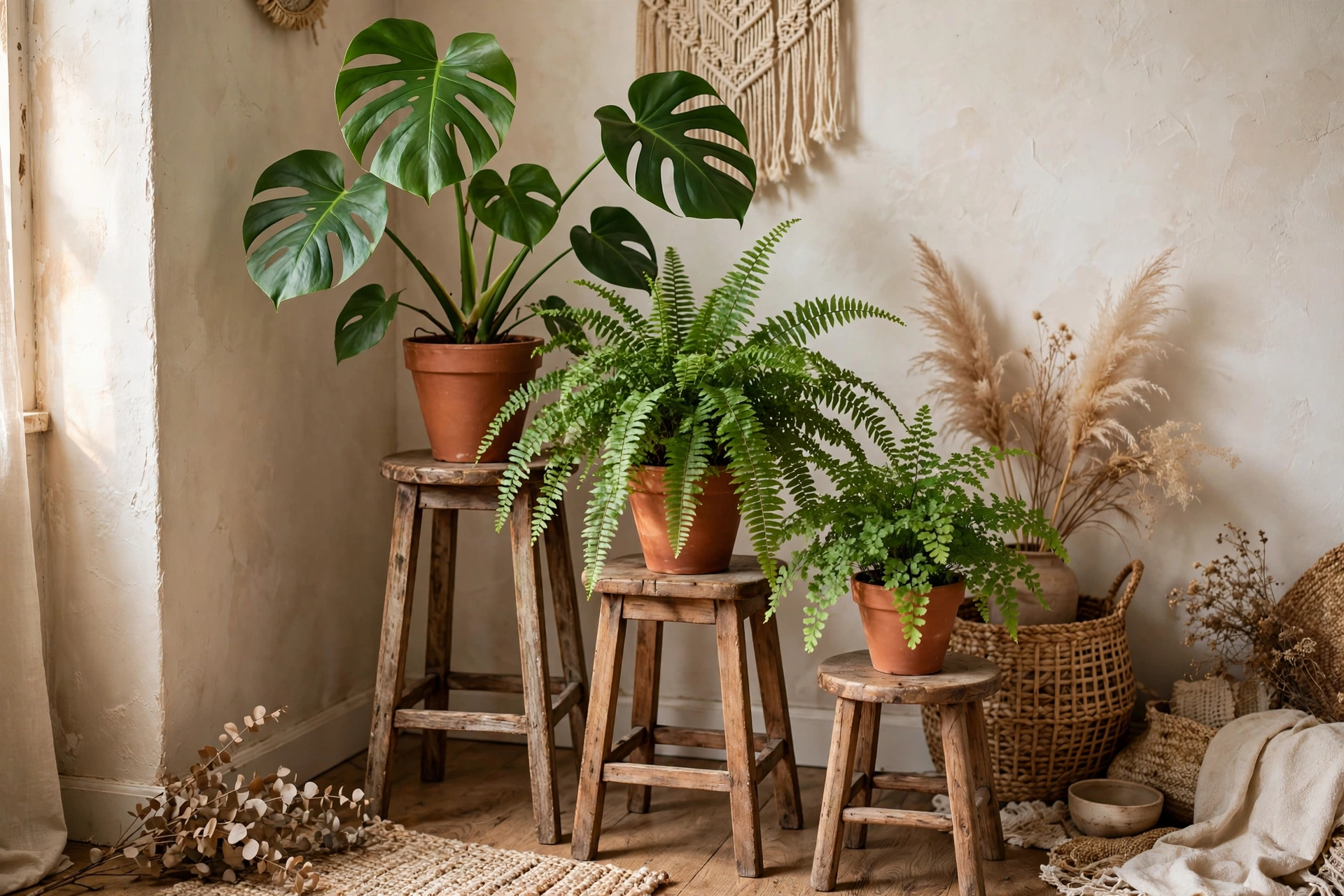 Cluster of three houseplants at different heights on wooden stools in a boho studio corner