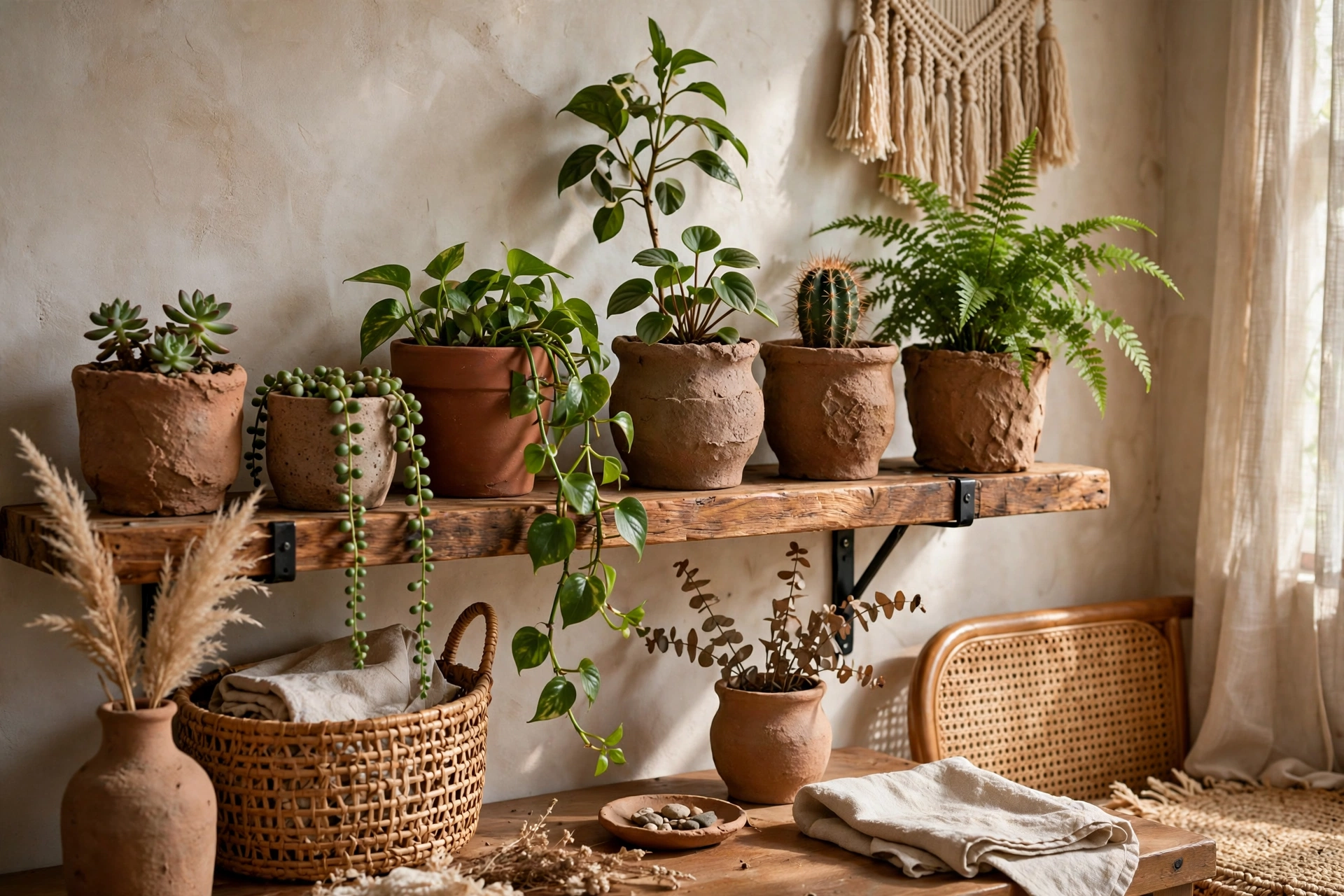 Houseplants in handmade terracotta and clay pots on a wooden shelf in a boho studio