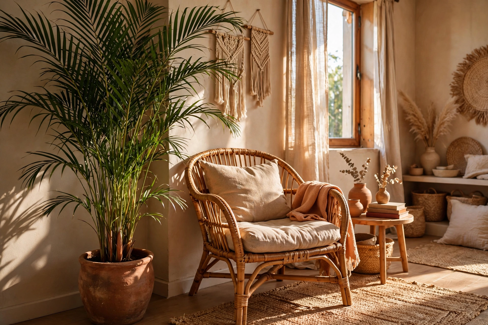Tall palm plant filling an empty corner beside a rattan chair in a sunlit boho studio