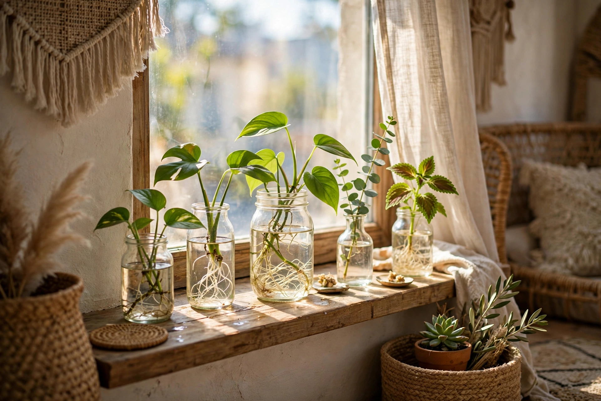 Glass jars with plant cuttings propagating in water on a sunny boho windowsill