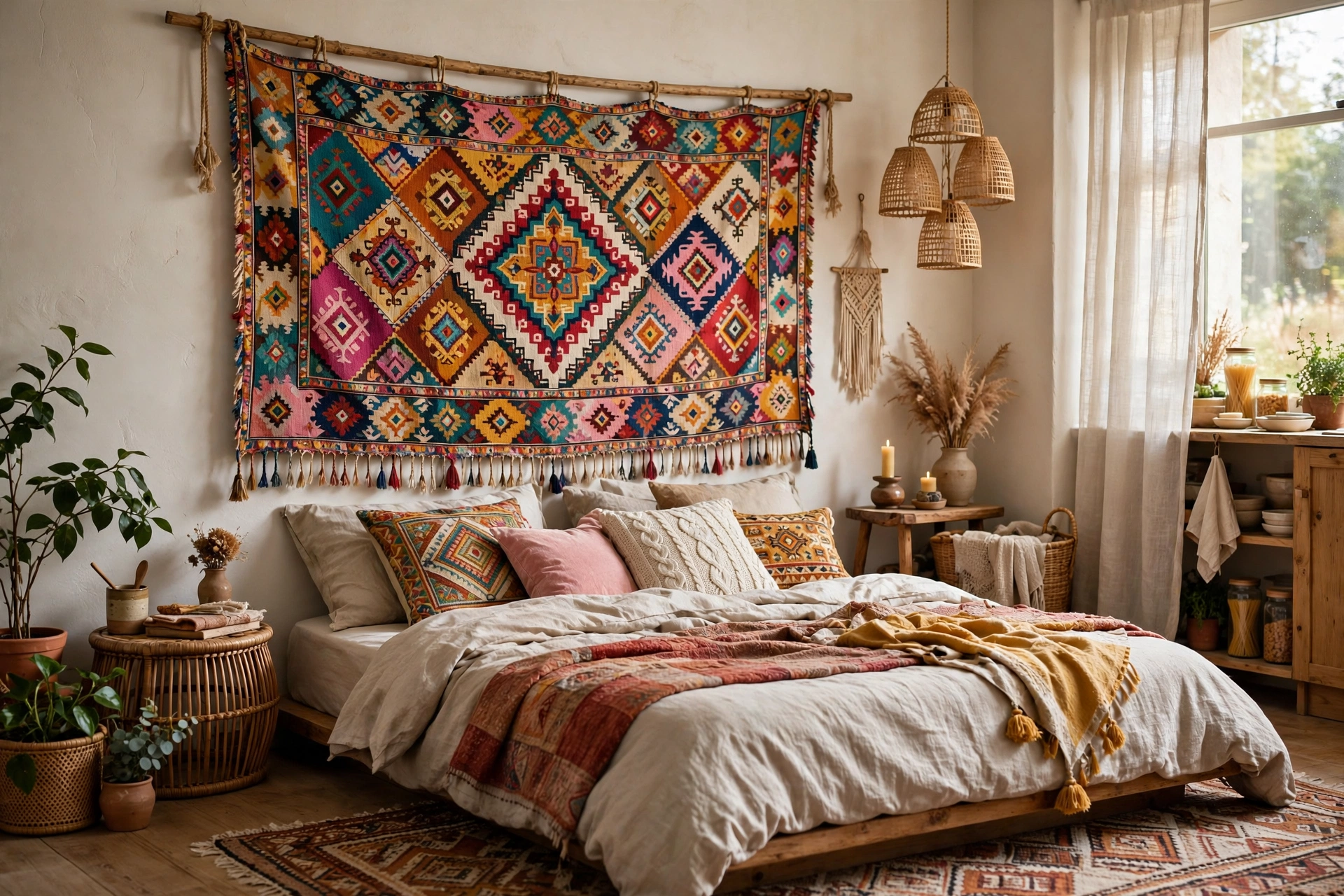 Colorful bohemian tapestry hung as headboard alternative behind a low bed