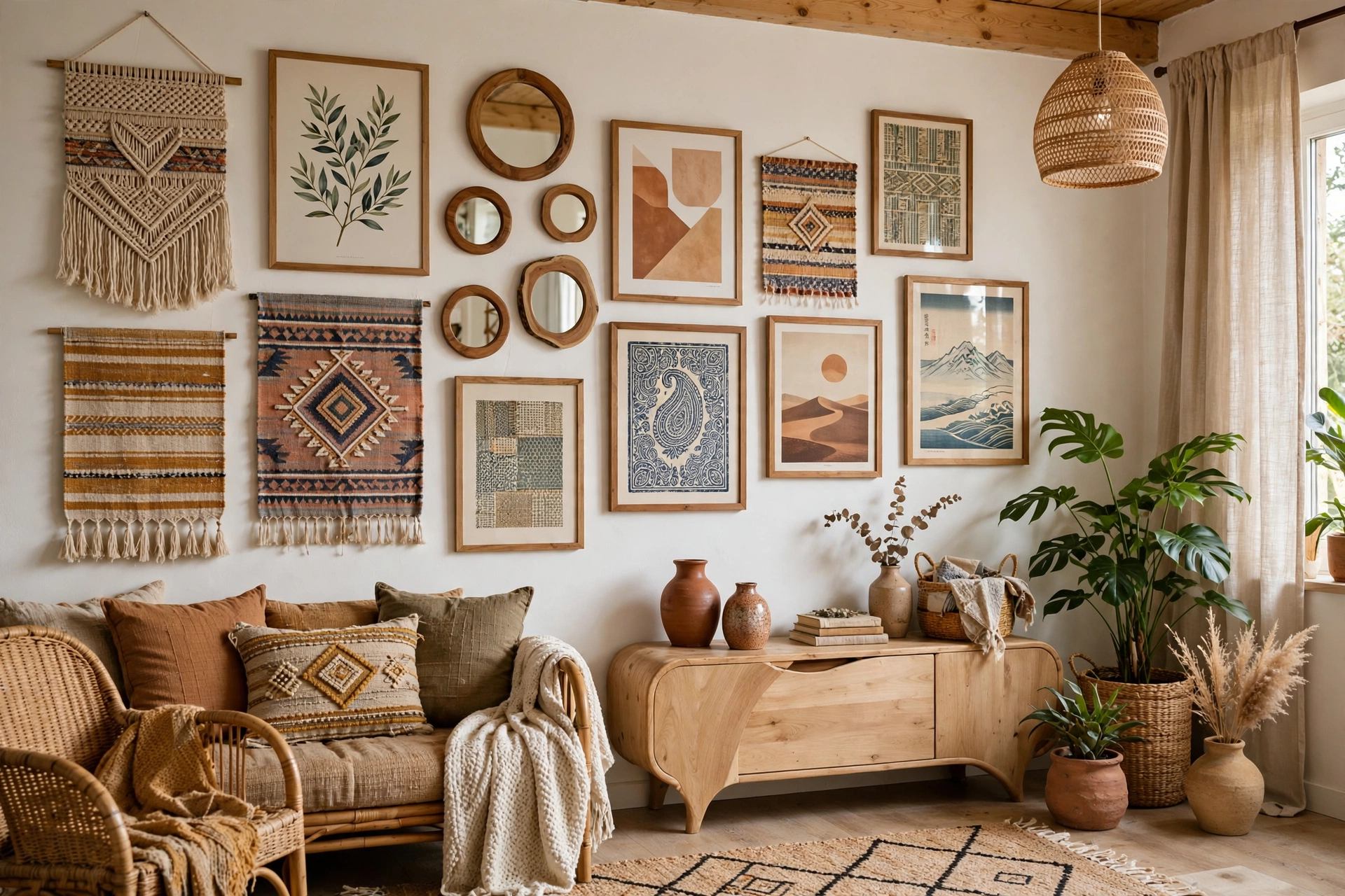 Eclectic gallery wall of global art prints woven pieces and mirrors in a boho studio